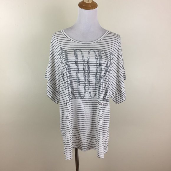NWT GUESS by MARCIANO Short Sleeve Striped Silver Rhinestone J'ADORE Shirt Top - Picture 5 of 11